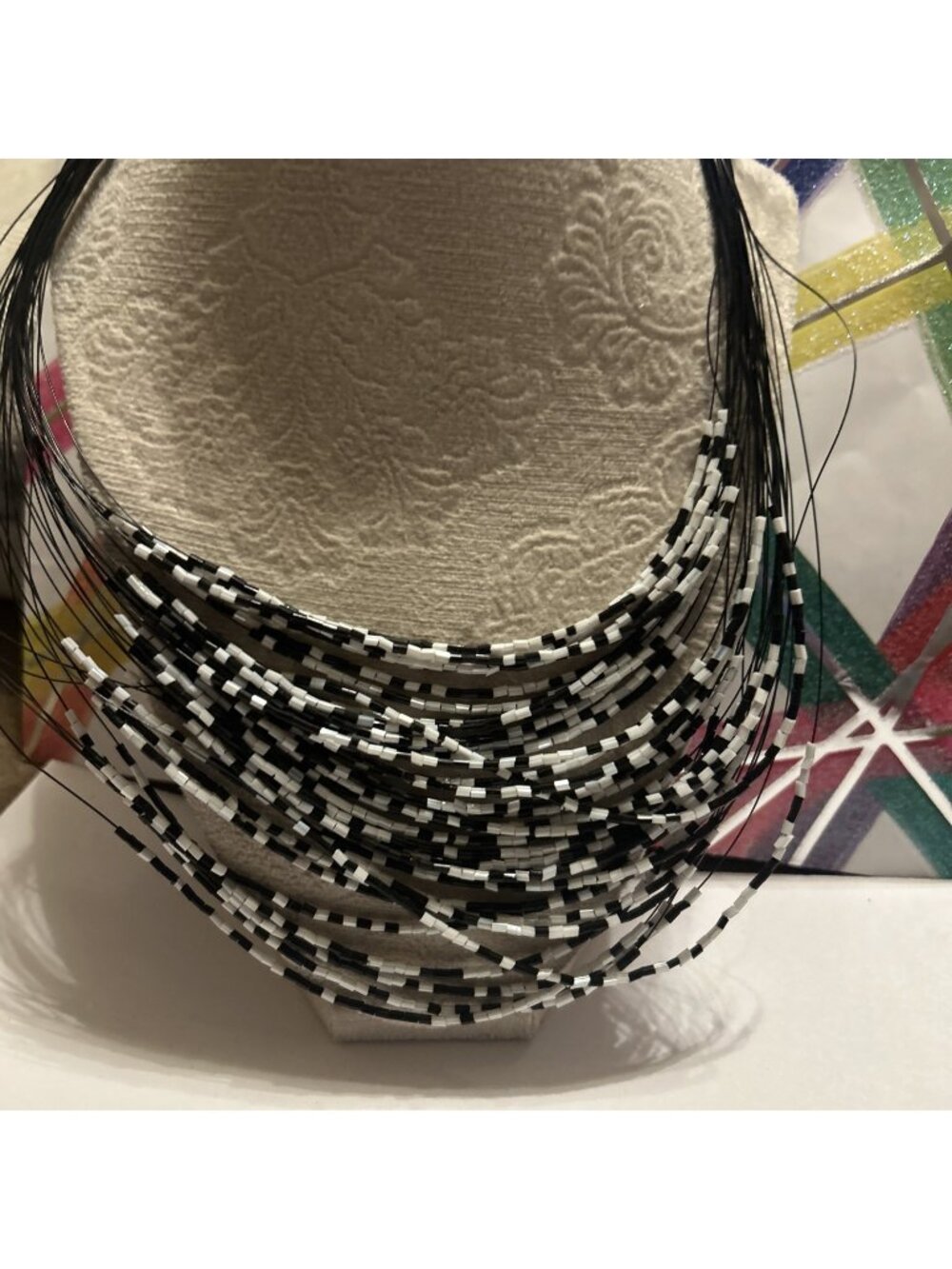 Multi-Strand Statement Necklace Layered Bugle Bead Bib 18ā Black White Tone